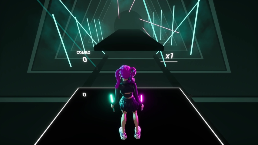 Gameplay of saber music rhythm game. 3d character girl cuts cubes by beat by light sabers in saber game metaverse in short skirt. 140 bpm. Neon environment and dynamic stage lights. Virtual reality. Royalty-Free Stock Footage #1096057895