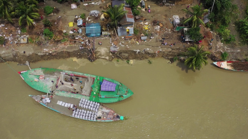 Aerial view of boats along the river for the Wholesale Jute market in Jamalpur, Bangladesh.