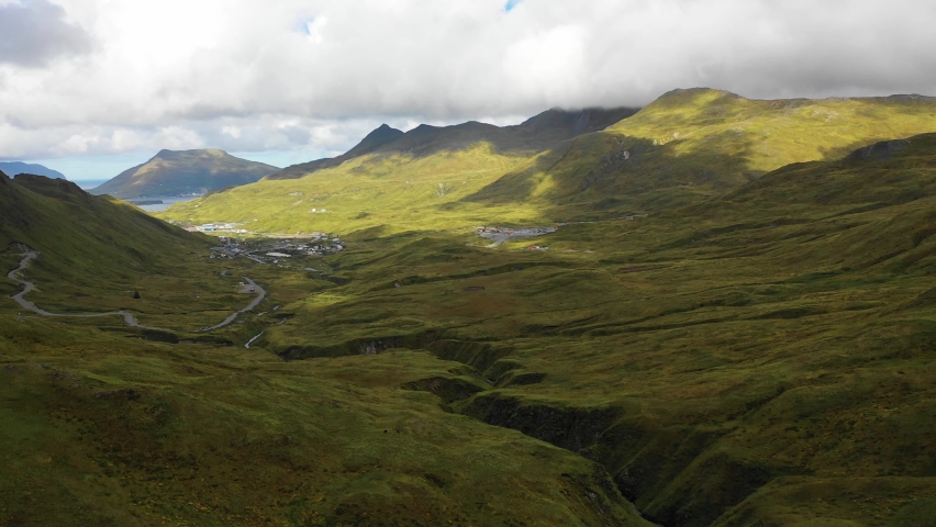 Aerial view of Unalaska island, Alaska, United States.