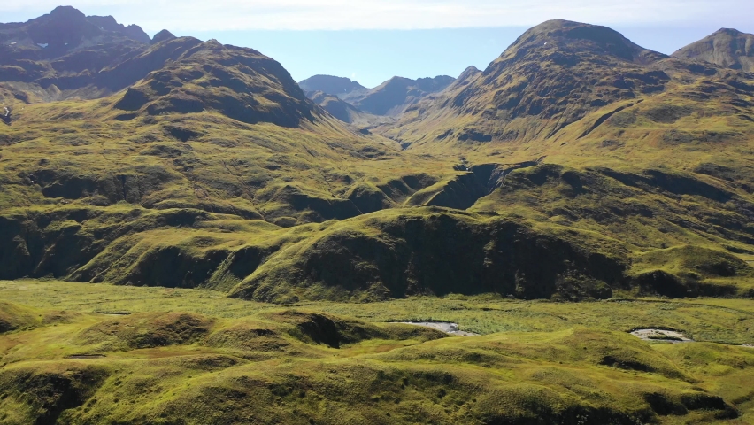Aerial view of Portage Bay with mountains, Unalaska island, Alaska, United States.