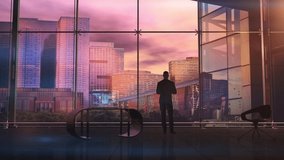 Businessman of the future in front of a virtual panel, 3D render. 3D Illustration