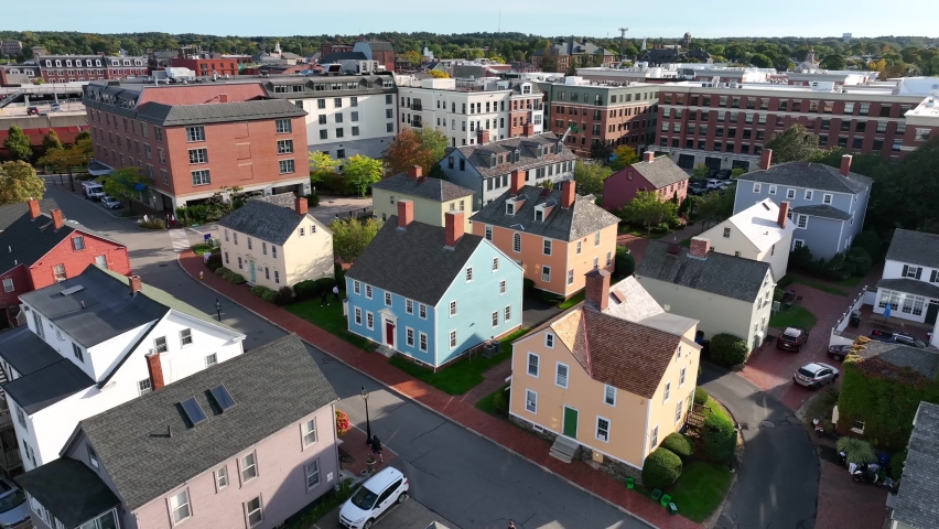 Historic Colonial period homes in New England. Portsmouth New Hampshire and Market Square. Aerial view.