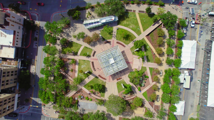 San Jacinto Plaza In Downtown El Paso TX. Birds Eye Aerial Drone View Of Beautiful Town Square.