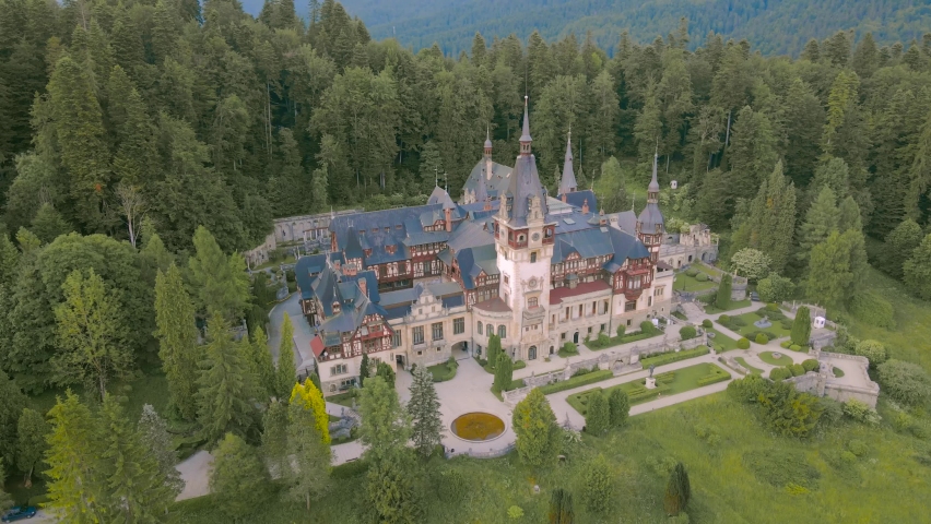 Panoramic view of Peles castle, located in Sinaia, Romania. The footage was shot from a drone with the castle in the view while flying around the building anti clockwise.