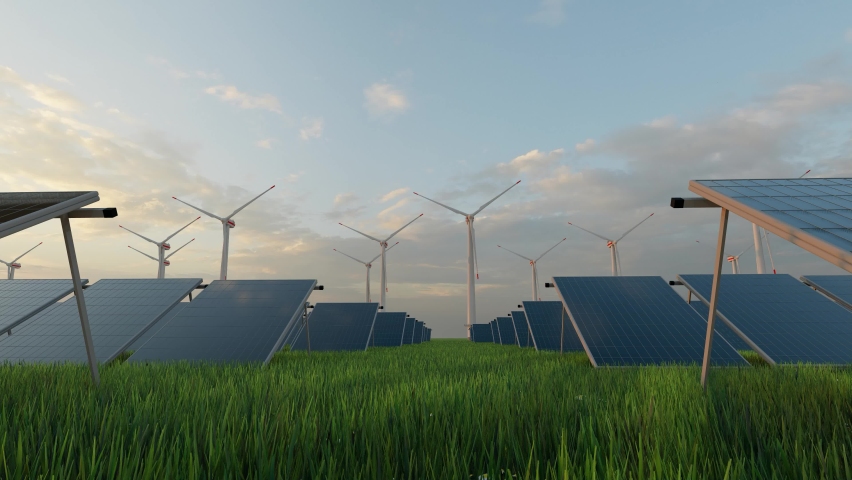 4K Animation with solar panel cells and spinning wind turbines on the eco energy farm. Power generators produce electricity with wind and solar panels with sunlight. This is clean and green industry.
 Royalty-Free Stock Footage #1096073533