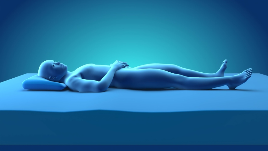 3d animation rendering of the inner part of the mattress composition, a stylized figure of a woman, a human. The arrows show the effect of mattress support on the spine. | Shutterstock HD Video #1096075789
