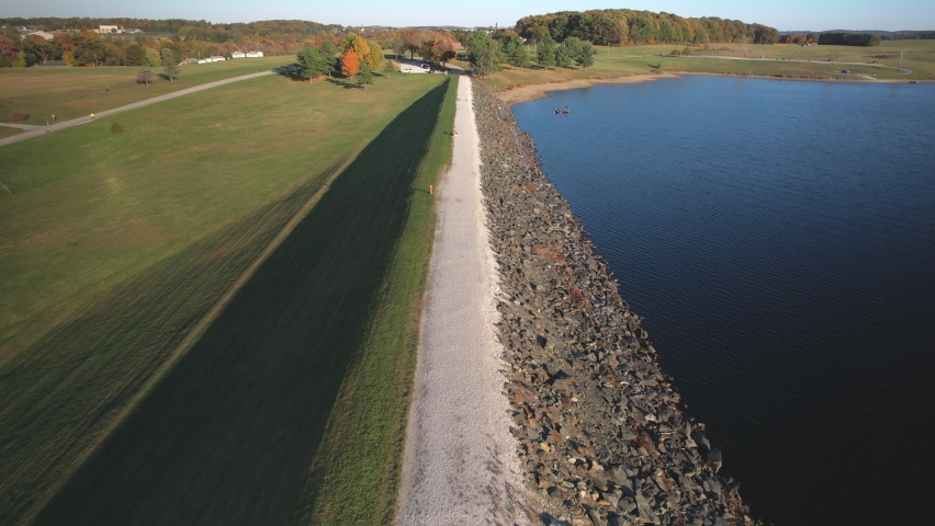 Drone footage of the walking path at Long Arm Reservoir in Hanover, Pennsylvania.