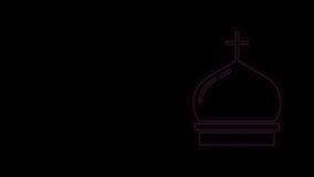 Glowing neon line Christian church tower icon isolated on black background. Religion of church. 4K Video motion graphic animation.