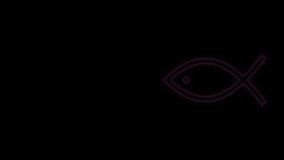 Glowing neon line Christian fish symbol icon isolated on black background. Jesus fish symbol. 4K Video motion graphic animation.