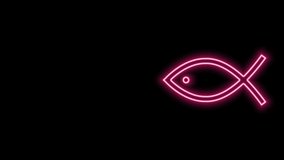 Glowing neon line Christian fish symbol icon isolated on black background. Jesus fish symbol. 4K Video motion graphic animation.