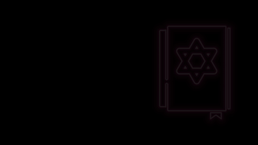 Glowing neon line Jewish torah book icon isolated on black background. Pentateuch of Moses. On the cover of the Bible is the image of the Star of David. 4K Video motion graphic animation.