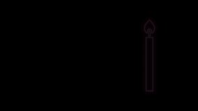 Glowing neon line Burning candle icon isolated on black background. Cylindrical candle stick with burning flame. 4K Video motion graphic animation.