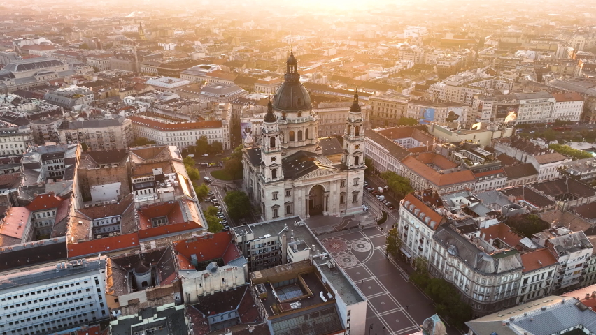 Aerial view of Budapest city skyline and St. Stephen's Basilica at sunrise, Hungary Royalty-Free Stock Footage #1096080881