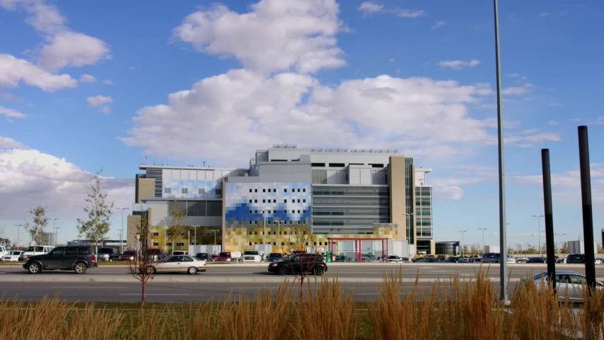 Timelapse of the South Health Campus in Auburn Bay in Calgary, Alberta, Canada