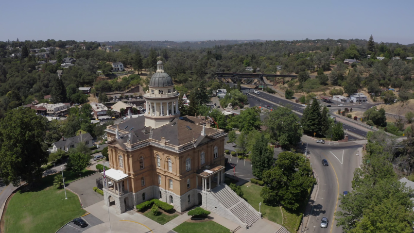Sunlight shines on the historic 1898 Courthouse in downtown Auburn, California, USA.