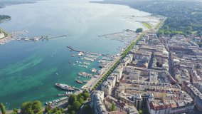 Inscription on video. Geneva, Switzerland. Flight over the central part of the city. Lake Geneva. Text furry, Aerial View