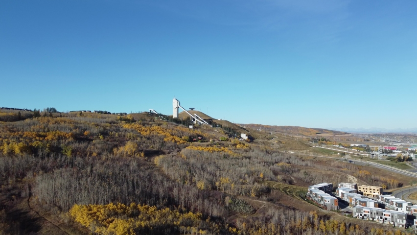 Aerial view of natural area and ski jumps in Calgary, Alberta. 