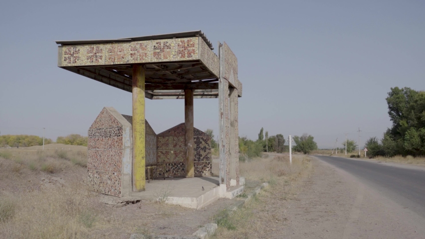deserted empty soviet bus stop mosaic