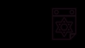 Glowing neon line Jewish calendar with star of david icon isolated on black background. Hanukkah calendar day. 4K Video motion graphic animation.