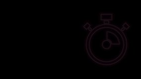 Glowing neon line Stopwatch icon isolated on black background. Time timer sign. Chronometer sign. 4K Video motion graphic animation.