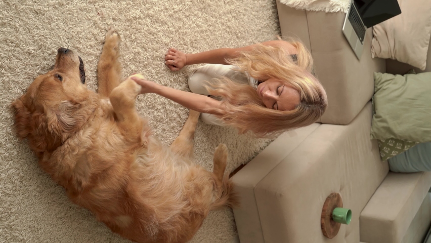 Golden retriever dog and female owner gentle woman. Relaxing at cozy home atmosphere at home. Trust and love family moment. Domestic animal at home concept. Vertical shoot. 4k footage | Shutterstock HD Video #1096118161