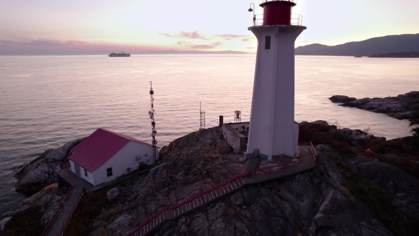 Lighthouse Park West Vancouver, aerial footage, ocean sunset, Horseshoe Bay, rocky shoreline. 