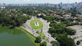 Car traffic in Armando de Salles Oliveira Square in Sao Paulo, Brazil. Aerial video.