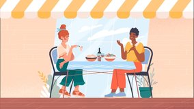 Couple date in cafe. Moving poster with man and woman in love sitting at table in restaurant, communicating with each other and eating delicious food. Romantic meeting. Flat graphic animated cartoon