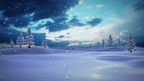 Animation of snowflakes over winter landscape with santa sleigh. Christmas, tradition, winter and celebration concept digitally generated video.