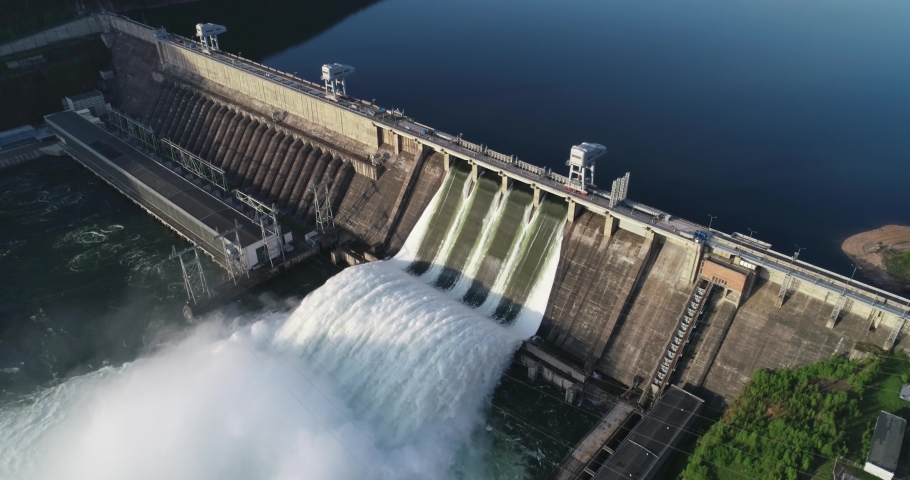 hydroelectric power plants water discharge, river, drone, Krasnoyarsk sea. Royalty-Free Stock Footage #1096142367
