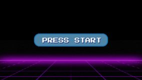 Red 1980's vintage neon perspective grid, initial retro video game screen with the written text "press start" in a pop-up window. Vaporwave abstract animation clip - Powered by Shutterstock - Get 15% off with code: PIKWIZARD15