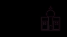 Glowing neon line Church building icon isolated on black background. Christian Church. Religion of church. 4K Video motion graphic animation.
