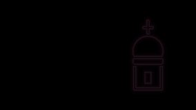 Glowing neon line Christian church tower icon isolated on black background. Religion of church. 4K Video motion graphic animation.