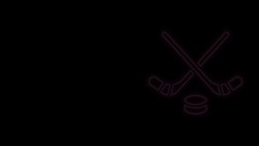 Glowing neon line Ice hockey sticks and puck icon isolated on black background. Game start. 4K Video motion graphic animation.