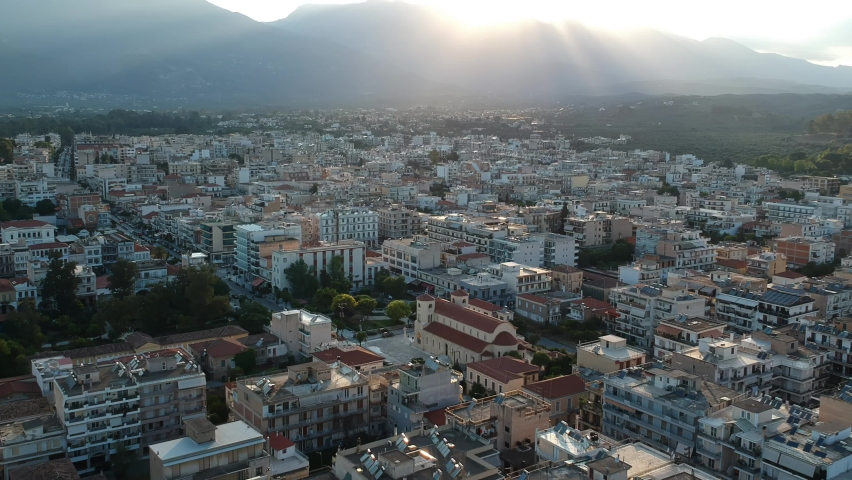 Aerial video of the modern city of Sparti Greece. Sparti was founded to commemorate the famous ancient town of Sparta in Laconia, Greece