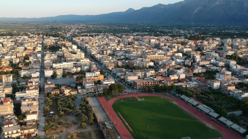 Aerial video of the modern city of Sparti Greece. Sparti was founded to commemorate the famous ancient town of Sparta in Laconia, Greece