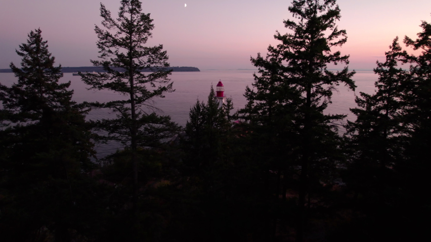 Lighthouse Park West Vancouver, aerial footage, ocean sunset, Horseshoe Bay, rocky shoreline. 4K 24FPS PRORES 422.