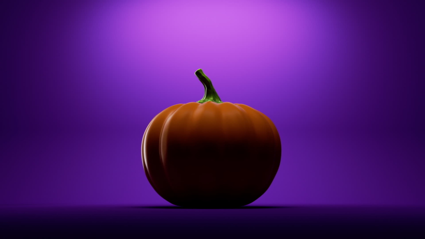 3d animation, halloween decoration, pumpkin with scary face, jack lantern glowing with inner light, isolated on purple background