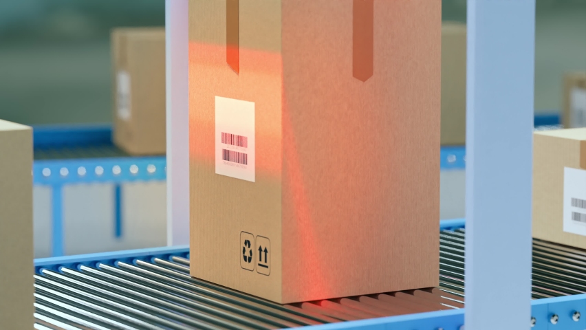 Cardboard boxes on conveyor belt being scanned by barcode, RFID readers to sort packages for distribution. Loop. 3D render. Royalty-Free Stock Footage #1096166981
