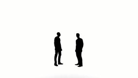silhouette people talk on white background. silhouette two man black people talking communicate white screen. design for animation, people standing, isolate, speak, person, human, silhouette body.