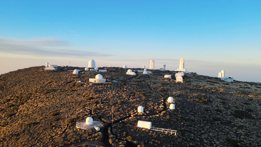 Aerial Pan of Observatory on Top of Mountain in Tenerife Spain, Dusk Time