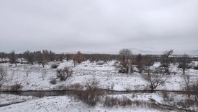 State Park after Snowstorm • Snowy Day Weather • HD Horizontal Aerial Drone Video