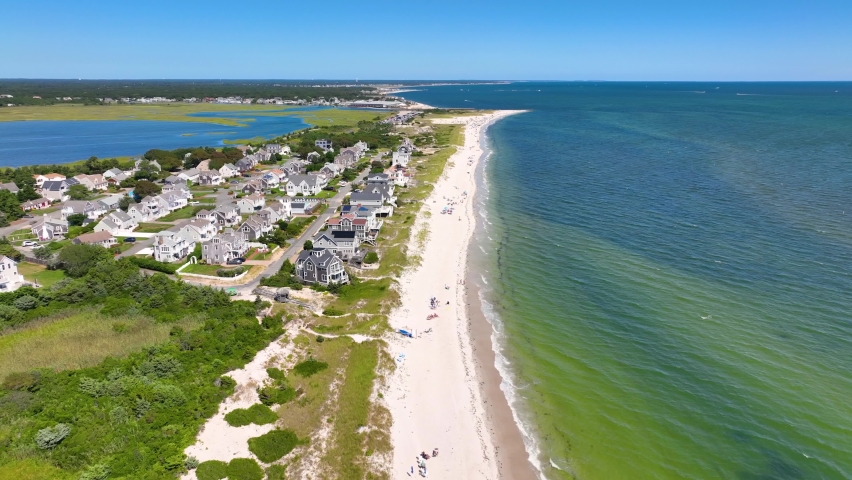 Seagull Beach and Sea Gull Lighthouse aerial view in summer in West Yarmouth, Cape Cod, Massachusetts MA, USA. 