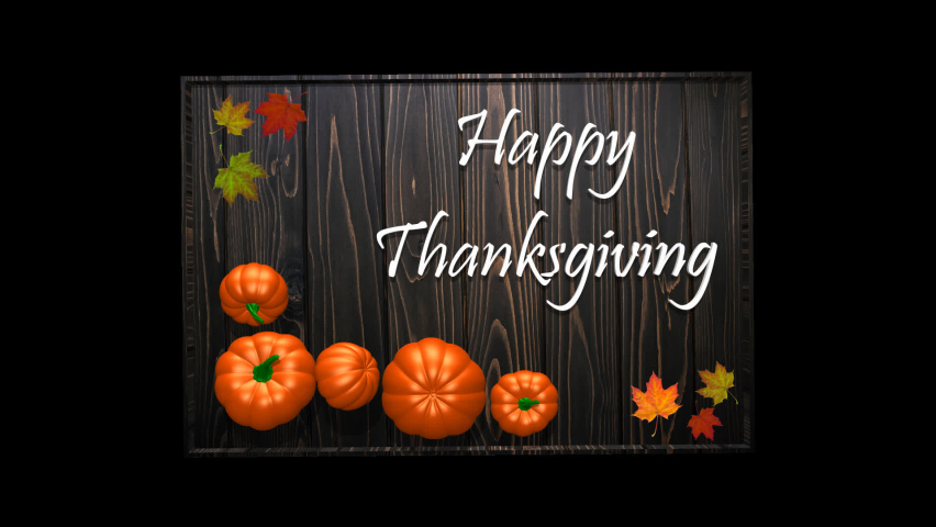 Happy Thanksgiving Card with Pumpkins in chaotic motion, Alpha Channel. 3D Render