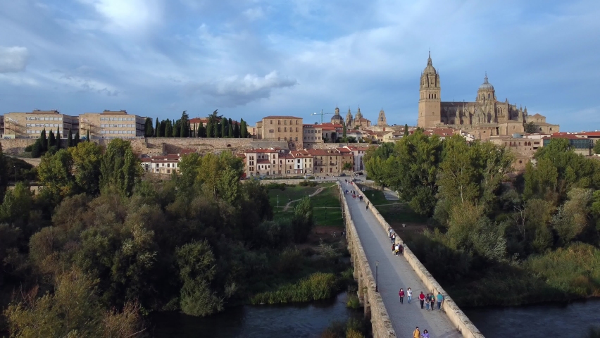 Aerial view of Salamanca with the cathedral in the background and the roman bridge in the foreground.