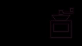 Glowing neon line Manual coffee grinder icon isolated on black background. 4K Video motion graphic animation.