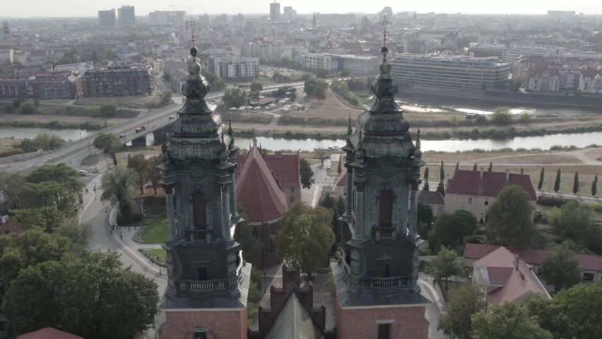 4K drone aerial footage of archcathedral basilica St.Peter and Paul in Poznan,Poland