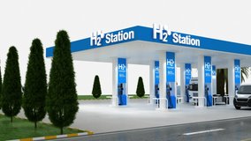 Hydrogen charging gas station. Hydrogen Refueling The Car On The Filling Station For Eco Friendly Transport. 3D Animation, 4K Ultra Hd.