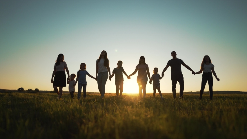 Big happy family. Group of people have fun walking in the park on green grass. Parents and children walk together holding hands at sunset. Family love and support. Family teamwork in park on vacation Royalty-Free Stock Footage #1096198225