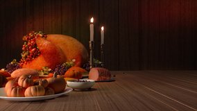 Thanksgiving Day. Pumpkin, Squash. Happy Thanksgiving Day wooden Table Background decorated with pumpkins, corn comb, candles, and autumn leaves garland. Holiday Autumn festival scene, Fall, Harvest 4